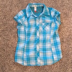 Teal plaid cap sleeved snap front shirt.
